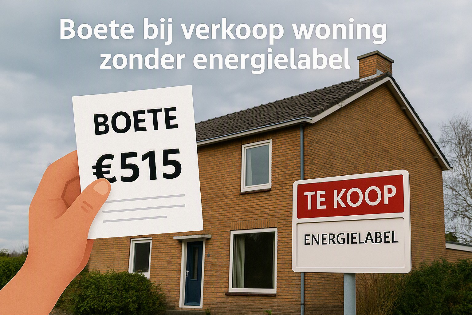 Boete bij verkoop van een woning zonder energielabel - huis met TE KOOP-bord en een boete van €515